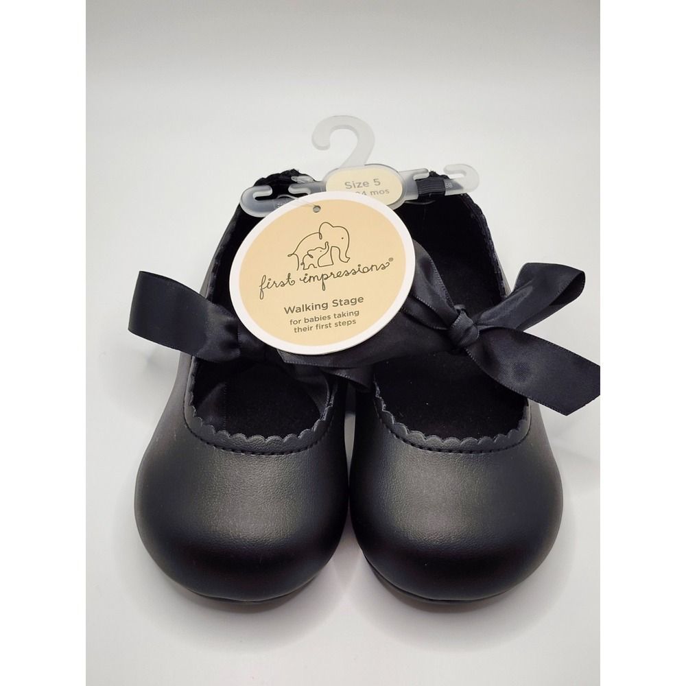 First Impressions Faux Leather Black Scalloped Bow Shoes - Size 5